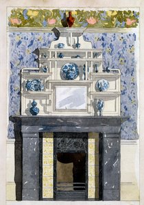 Open haard met spiegel en tentoonstellingsplanken in de esthetische stijl, ca. 1870s